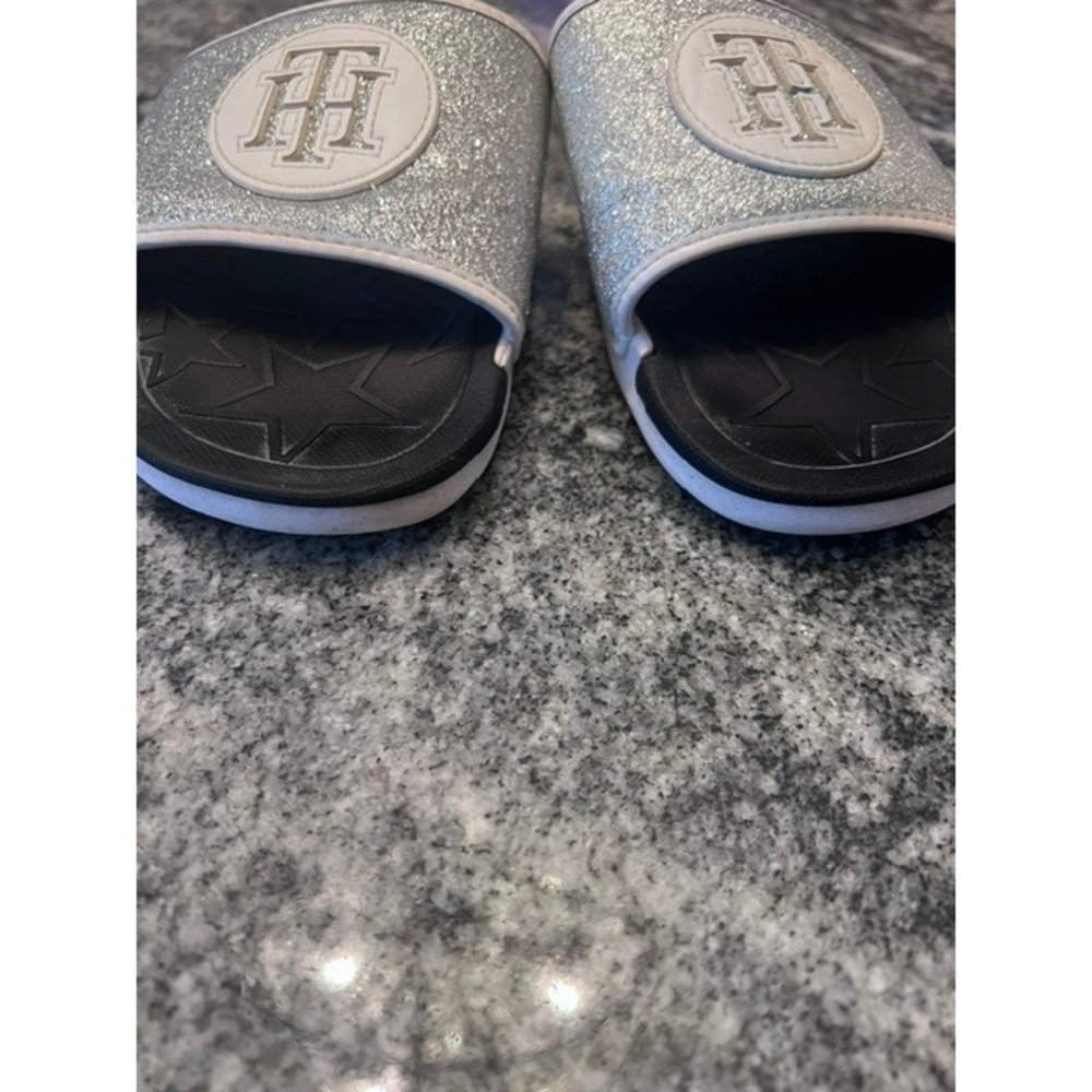 Tommy Hilfiger Glitter Slide Sandals Womens 8 Silver Black Good TH Logo Sparkle